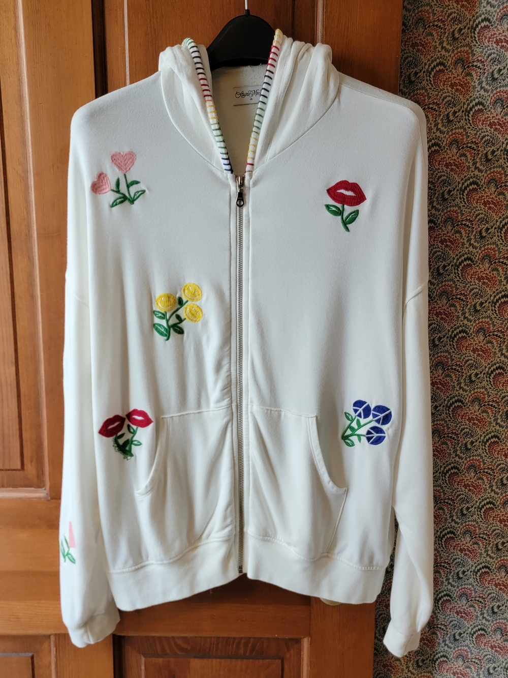Lauren Moshi Teresa Happy Floral Embroidered Zip Up Hoodie Medium Rainbow